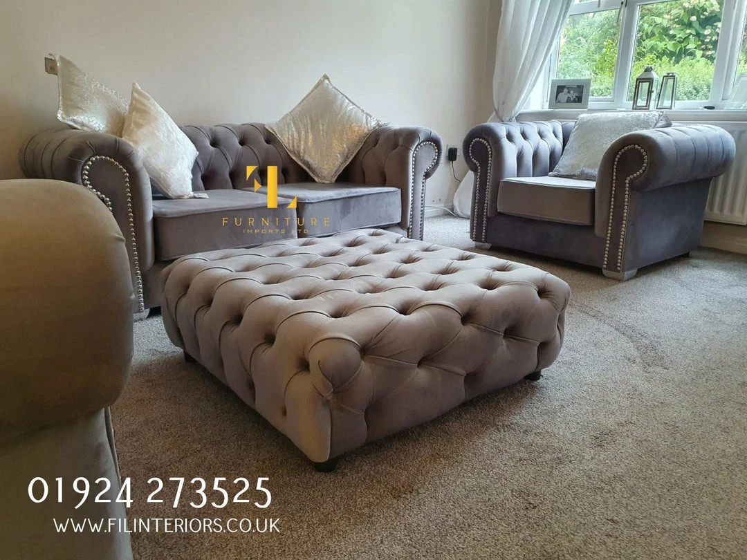 Furniture Imports LTD 3+2 SOFAS Square Chesterfield Sofa Footstool