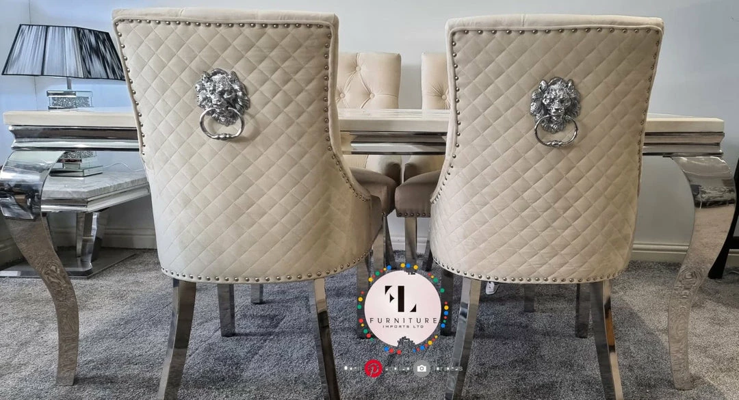 Furniture Imports LTD Chelsea Cream Dining Table Set + Majestic Cream Lion Knockerback Dining Chairs