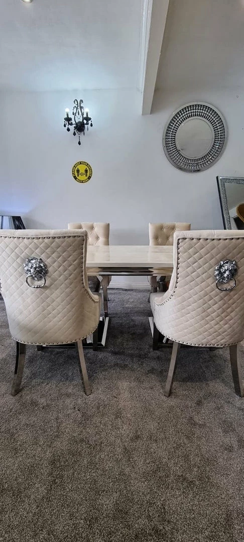 Furniture Imports LTD Phoenix Cream Marble Dining Table Set + Majestic Cream Velvet Dining Chairs ALL DINING TABLE SET