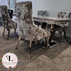 Furniture Imports LTD Phoenix Grey Marble Dining Table Set + Lustro Velvet Dining Chairs