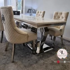 Furniture Imports LTD Phoenix Cream Marble Dining Table Set + Majestic Cream Velvet Dining Chairs ALL DINING TABLE SET