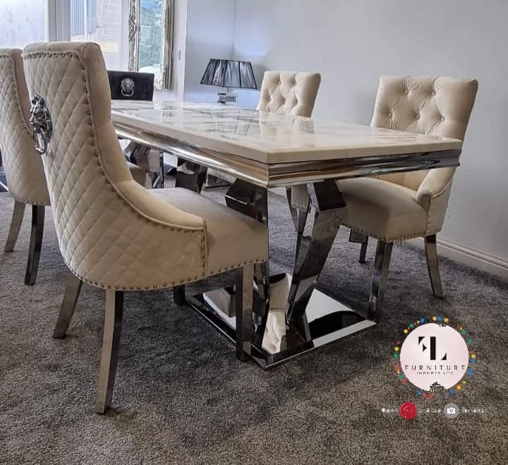 Furniture Imports LTD Phoenix Cream Marble Dining Table Set + Majestic Cream Velvet Dining Chairs ALL DINING TABLE SET