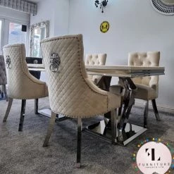 Furniture Imports LTD Phoenix Cream Marble Dining Table Set + Majestic Cream Velvet Dining Chairs ALL DINING TABLE SET