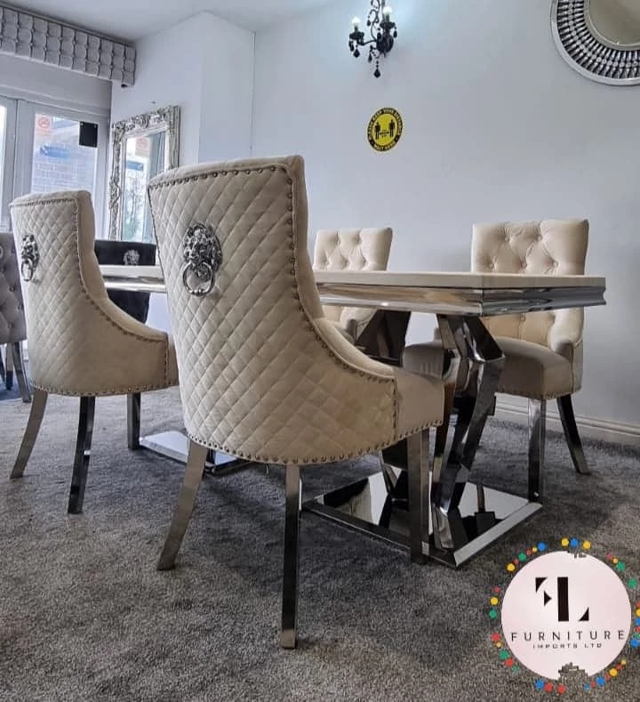 Furniture Imports LTD Phoenix Cream Marble Dining Table Set + Majestic Cream Velvet Dining Chairs ALL DINING TABLE SET
