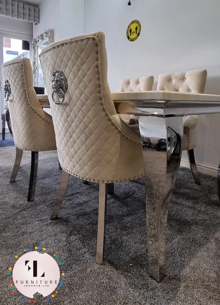 Furniture Imports LTD Chelsea Cream Dining Table Set + Majestic Cream Lion Knockerback Dining Chairs