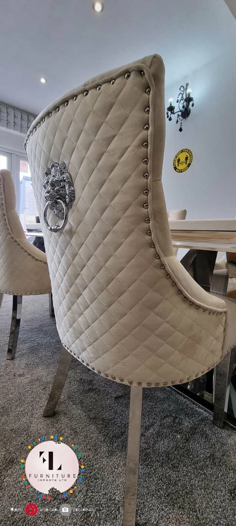 Furniture Imports LTD Phoenix Cream Marble Dining Table Set + Majestic Cream Velvet Dining Chairs ALL DINING TABLE SET