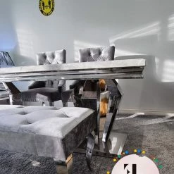 Furniture Imports LTD Phoenix Grey Marble Dining Table Set + Parklane Pewter Velvet Dining Chairs ALL DINING TABLE SET