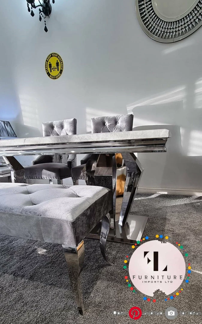 Furniture Imports LTD Phoenix Grey Marble Dining Table Set + Parklane Pewter Velvet Dining Chairs ALL DINING TABLE SET