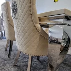 Furniture Imports LTD Chelsea Cream Dining Table Set + Majestic Cream Lion Knockerback Dining Chairs