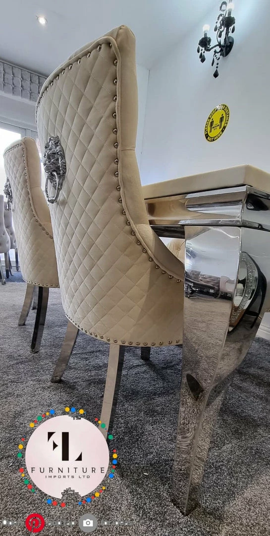 Furniture Imports LTD Chelsea Cream Dining Table Set + Majestic Cream Lion Knockerback Dining Chairs