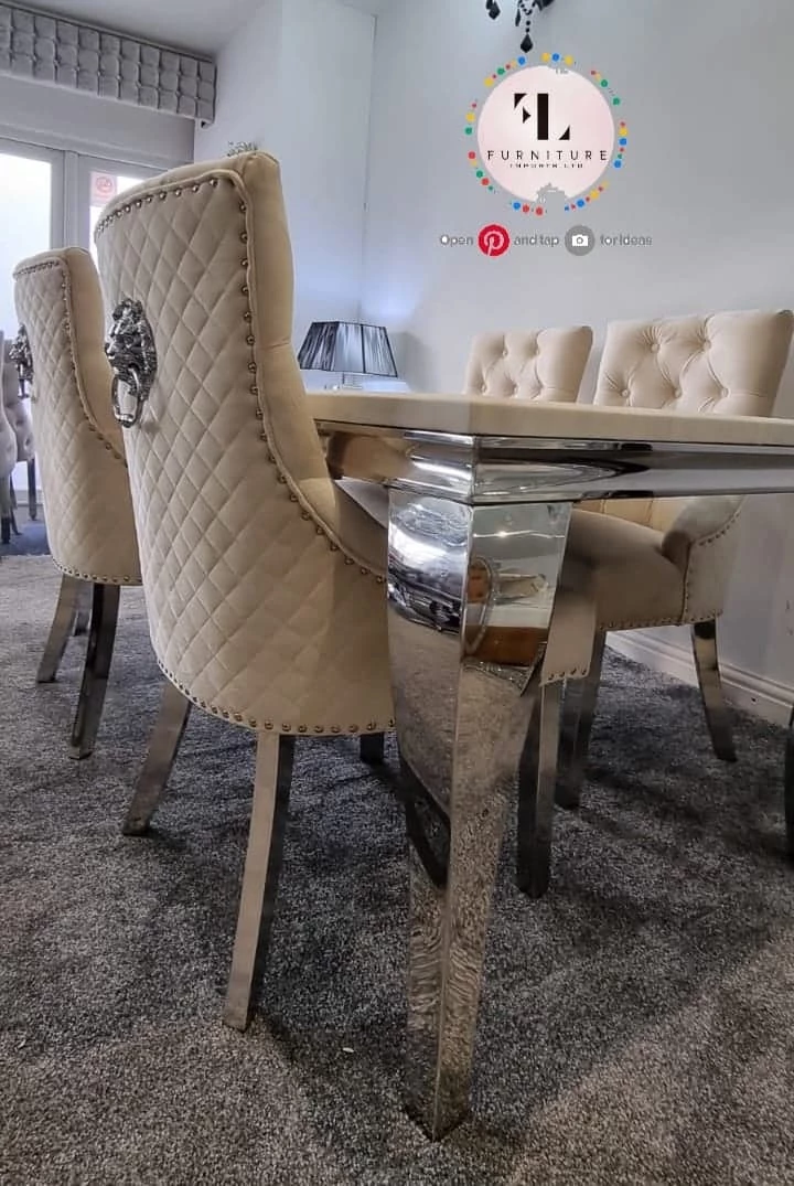 Furniture Imports LTD Chelsea Cream Dining Table Set + Majestic Cream Lion Knockerback Dining Chairs