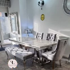 Furniture Imports LTD Phoenix Grey Marble Dining Table Set + Parklane Pewter Velvet Dining Chairs ALL DINING TABLE SET