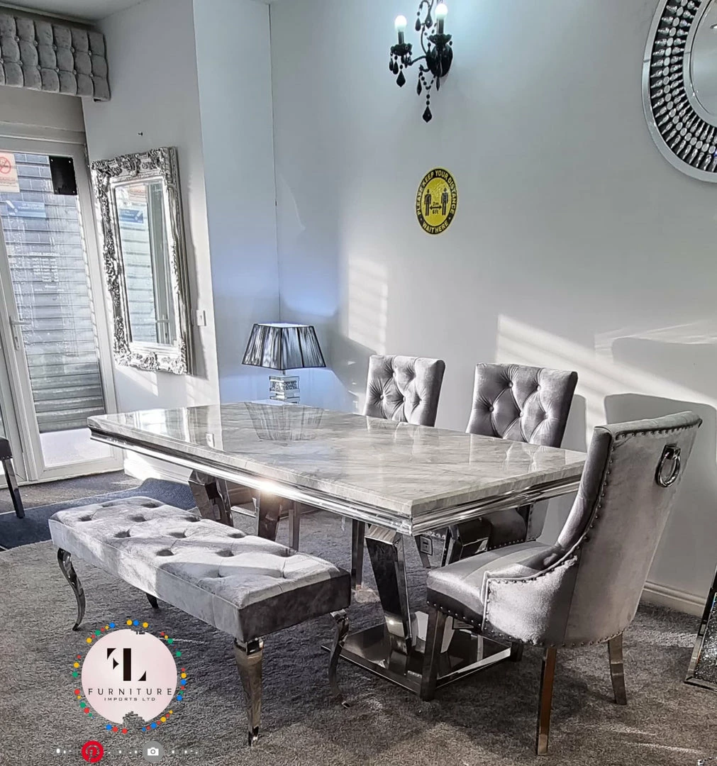 Furniture Imports LTD Phoenix Grey Marble Dining Table Set + Parklane Pewter Velvet Dining Chairs ALL DINING TABLE SET