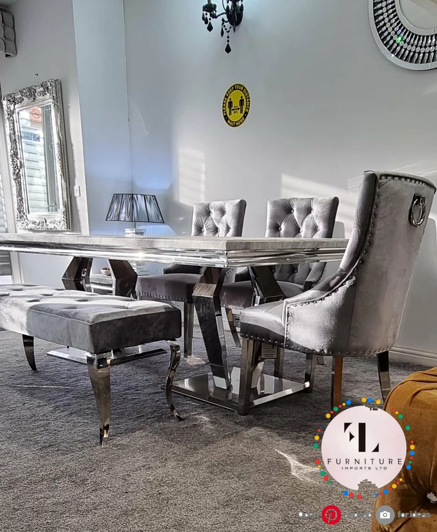 Furniture Imports LTD Phoenix Grey Marble Dining Table Set + Parklane Pewter Velvet Dining Chairs ALL DINING TABLE SET