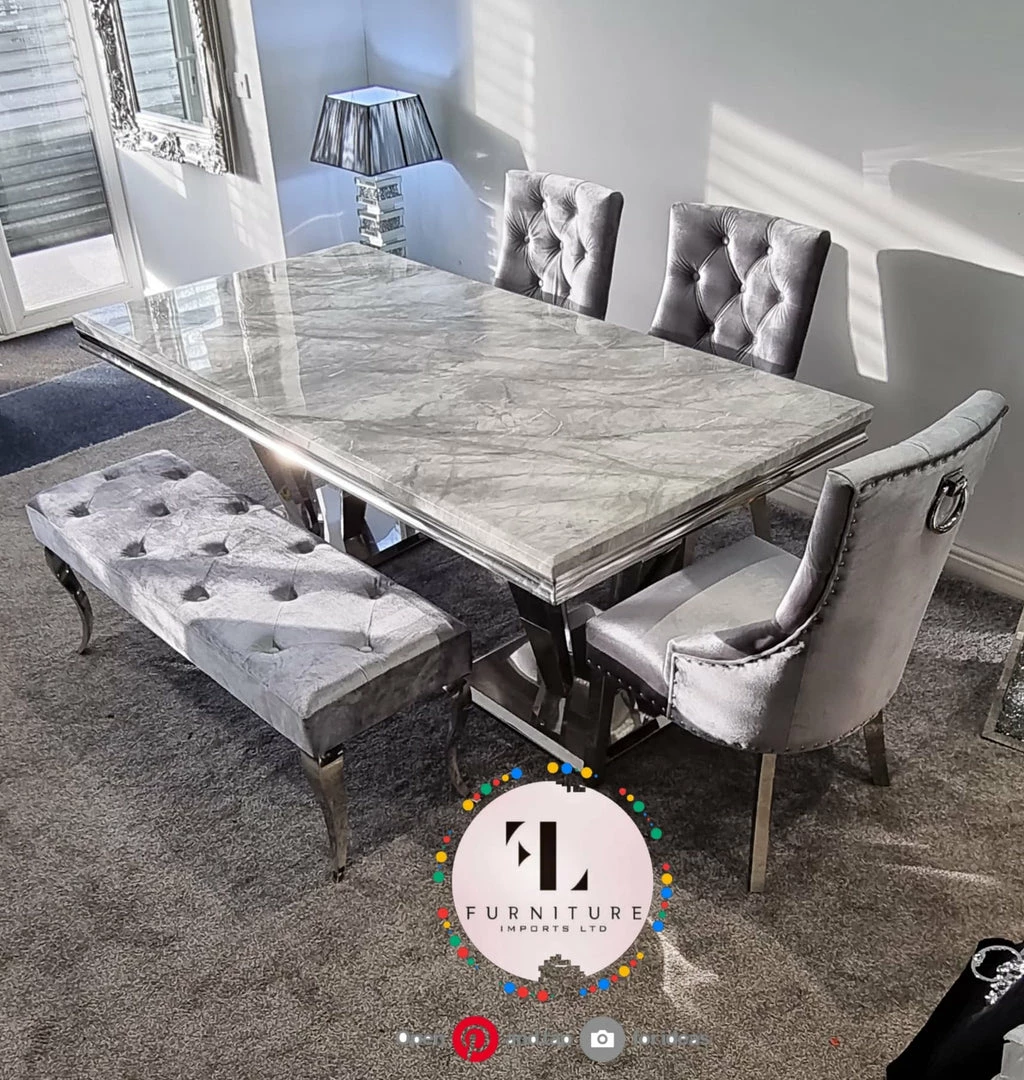 Furniture Imports LTD Phoenix Grey Marble Dining Table Set + Parklane Pewter Velvet Dining Chairs ALL DINING TABLE SET