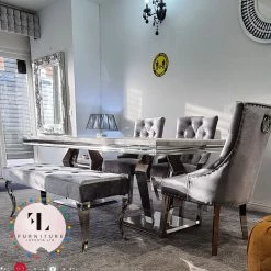 Furniture Imports LTD Phoenix Grey Marble Dining Table Set + Parklane Pewter Velvet Dining Chairs ALL DINING TABLE SET