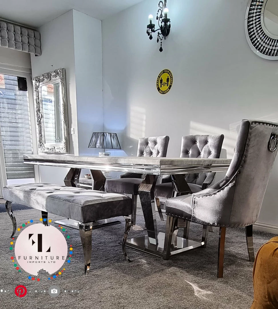 Furniture Imports LTD Phoenix Grey Marble Dining Table Set + Parklane Pewter Velvet Dining Chairs ALL DINING TABLE SET