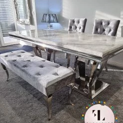 Furniture Imports LTD Phoenix Grey Marble Dining Table Set + Parklane Pewter Velvet Dining Chairs ALL DINING TABLE SET