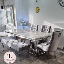 Furniture Imports LTD Phoenix Grey Marble Dining Table Set + Parklane Pewter Velvet Dining Chairs ALL DINING TABLE SET