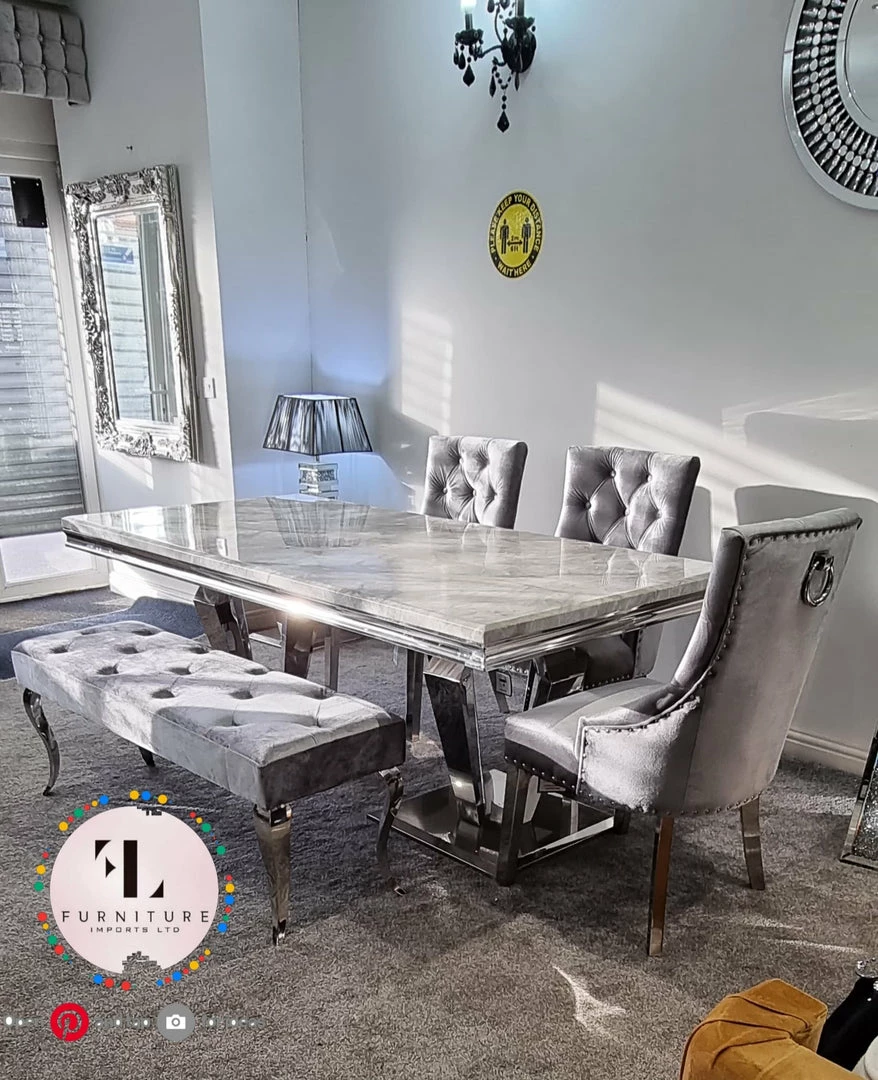Furniture Imports LTD Phoenix Grey Marble Dining Table Set + Parklane Pewter Velvet Dining Chairs ALL DINING TABLE SET