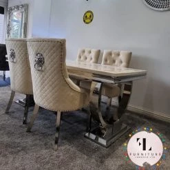 Furniture Imports LTD ALL DINING TABLE SET Arianna Mirrored Cream Marble Effect Dining Table Set + Majestic Cream Dining Chairs