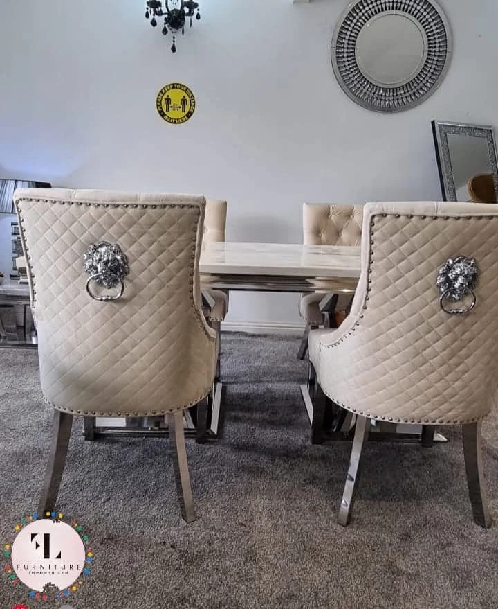 Furniture Imports LTD Phoenix Cream Marble Dining Table Set + Majestic Cream Velvet Dining Chairs ALL DINING TABLE SET