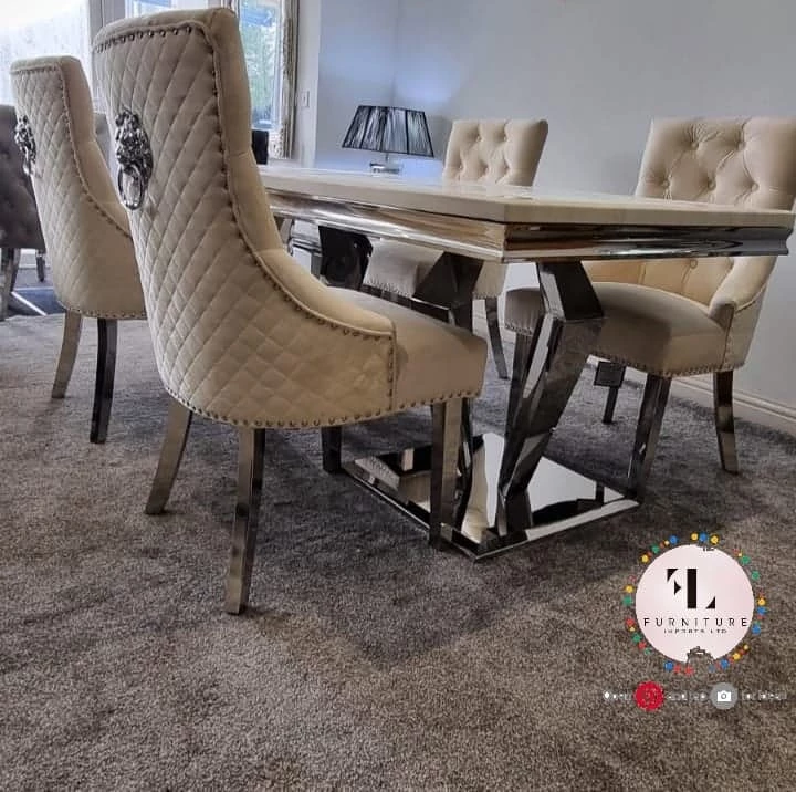 Furniture Imports LTD Phoenix Cream Marble Dining Table Set + Majestic Cream Velvet Dining Chairs ALL DINING TABLE SET