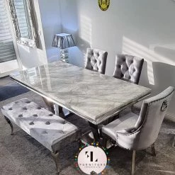 Furniture Imports LTD Phoenix Grey Marble Dining Table Set + Parklane Pewter Velvet Dining Chairs ALL DINING TABLE SET
