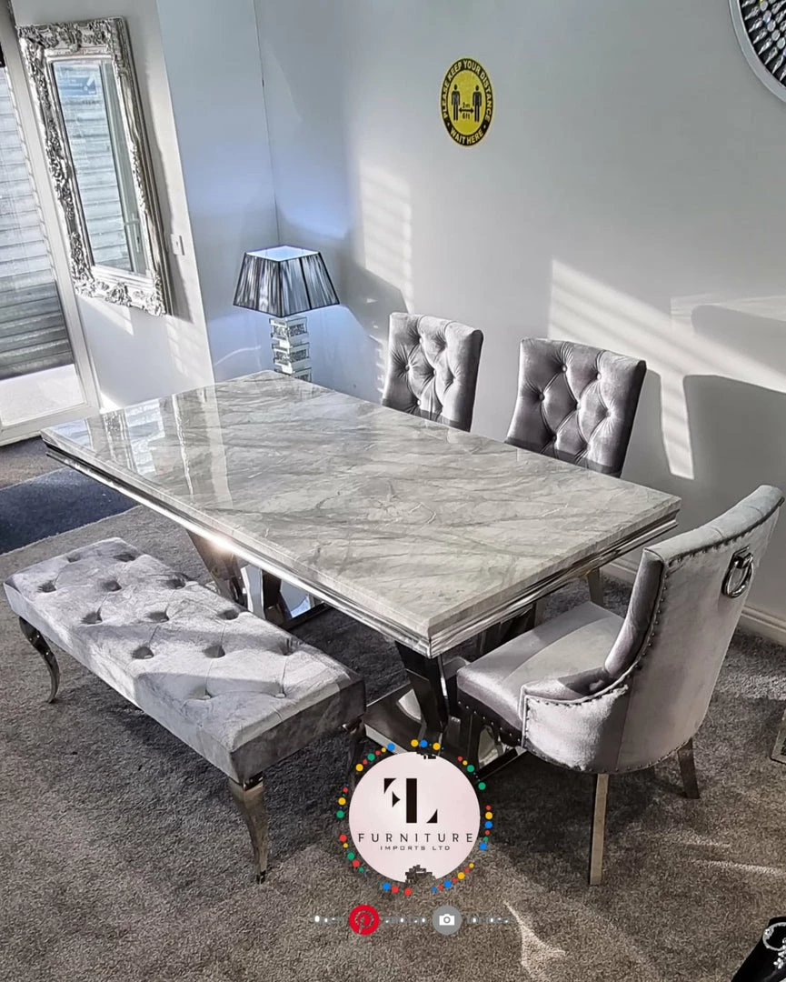 Furniture Imports LTD Phoenix Grey Marble Dining Table Set + Parklane Pewter Velvet Dining Chairs ALL DINING TABLE SET