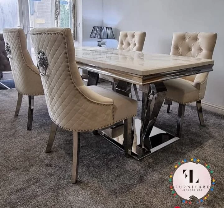 Furniture Imports LTD Phoenix Cream Marble Dining Table Set + Majestic Cream Velvet Dining Chairs ALL DINING TABLE SET
