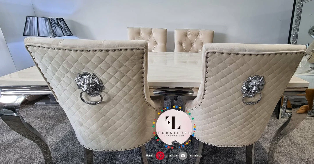 Furniture Imports LTD Chelsea Cream Dining Table Set + Majestic Cream Lion Knockerback Dining Chairs