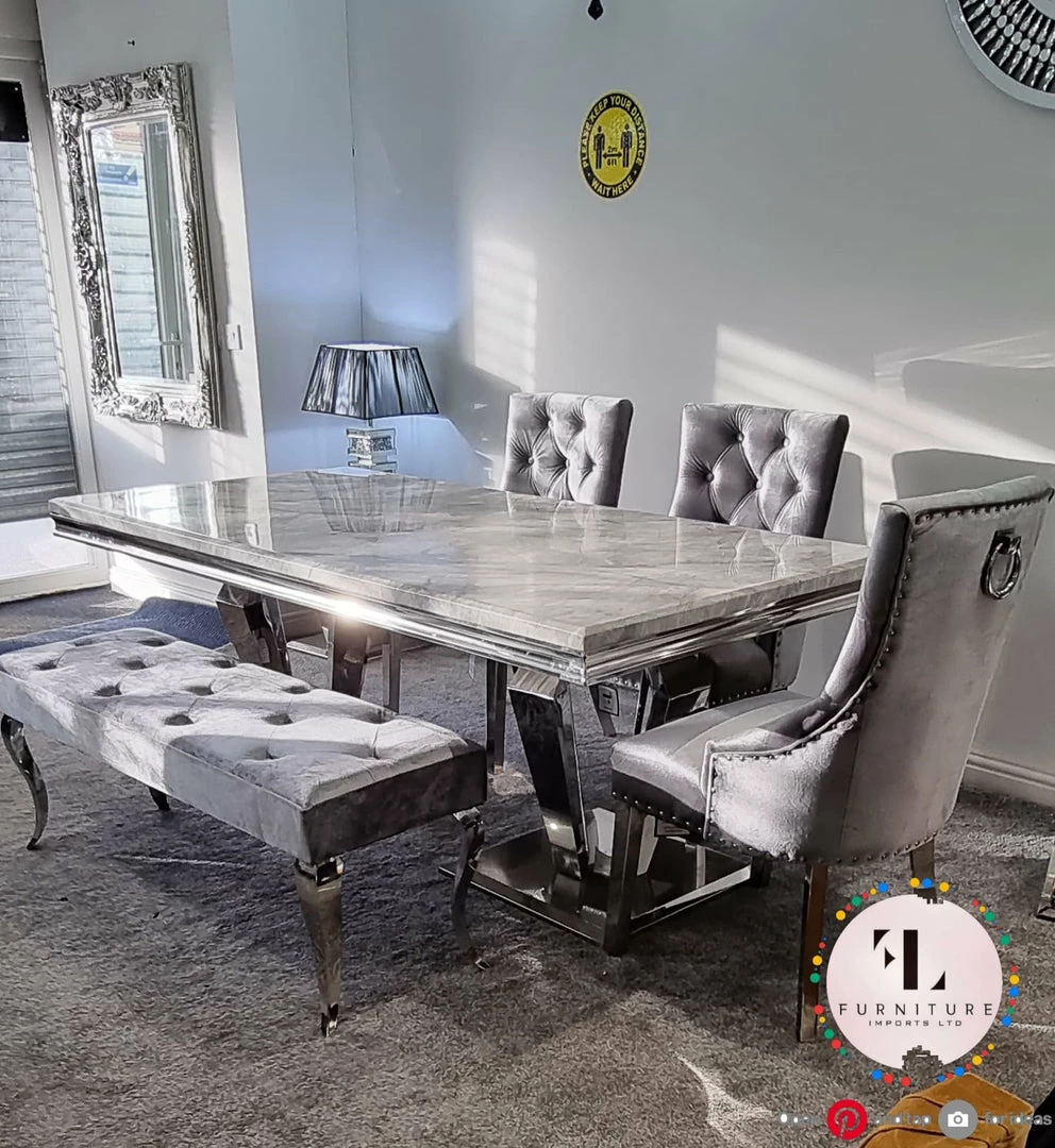 Furniture Imports LTD Phoenix Grey Marble Dining Table Set + Parklane Pewter Velvet Dining Chairs ALL DINING TABLE SET