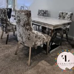 Furniture Imports LTD Phoenix Grey Marble Dining Table Set + Lustro Velvet Dining Chairs