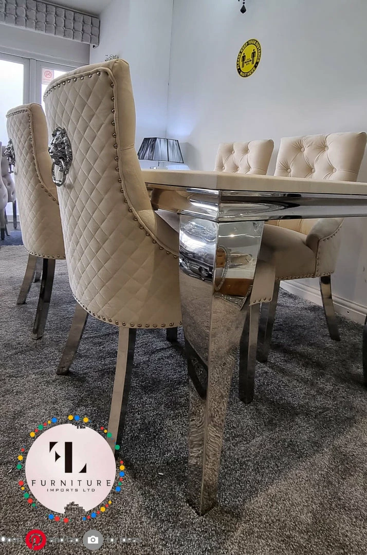 Furniture Imports LTD Chelsea Cream Dining Table Set + Majestic Cream Lion Knockerback Dining Chairs