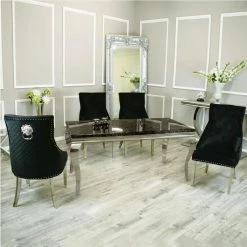Furniture Imports LTD Imperial Grey Dining Table + Majestic Lion Knocker Back Plush Velvet Dining Chairs