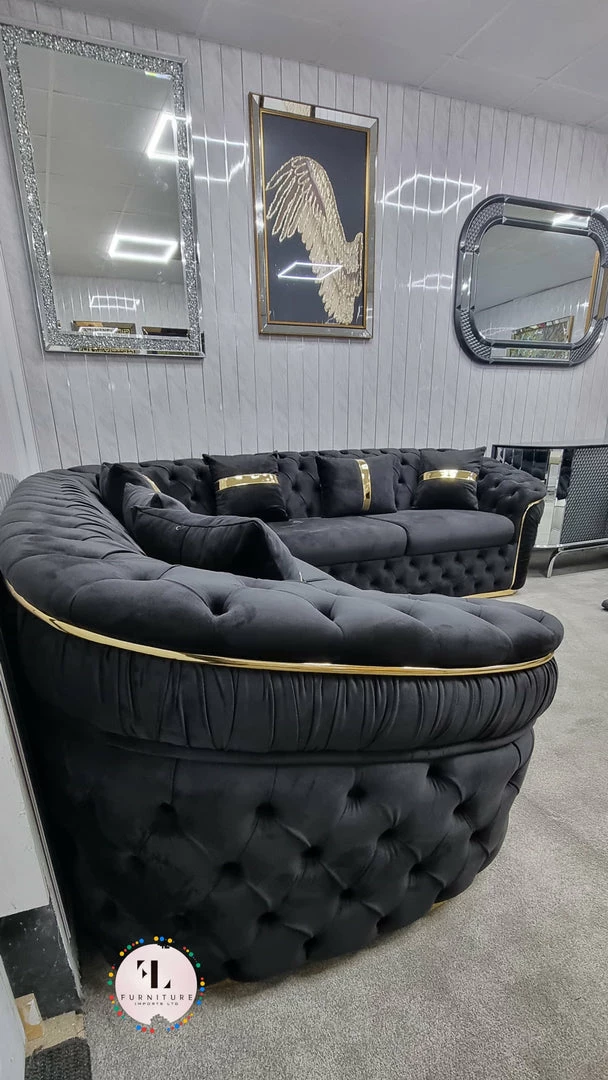 TURKISH NEW ARRIVALS - STOCK Ambassador Corner Sofa Range In Black & Gold Plush Velvet - 270cm X 270cm
