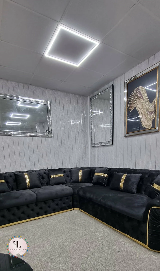 TURKISH NEW ARRIVALS - STOCK Ambassador Corner Sofa Range In Black & Gold Plush Velvet - 270cm X 270cm