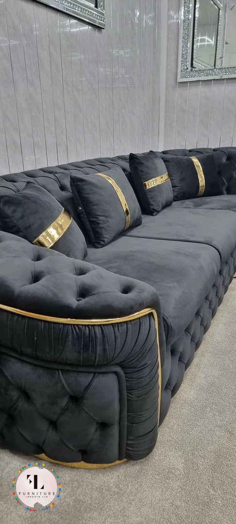 TURKISH NEW ARRIVALS - STOCK Ambassador Corner Sofa Range In Black & Gold Plush Velvet - 270cm X 270cm