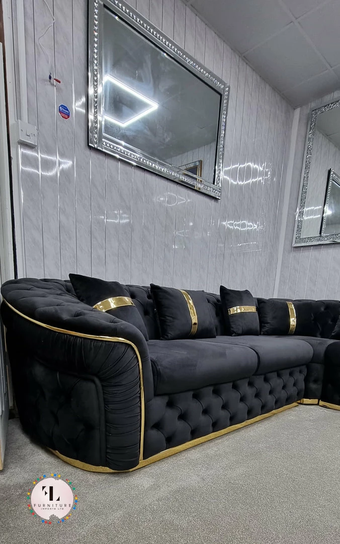 TURKISH NEW ARRIVALS - STOCK Ambassador Corner Sofa Range In Black & Gold Plush Velvet - 270cm X 270cm