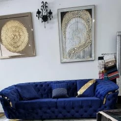 TURKISH BVLGARI 3+2 SEATER SAPPHIRE VELVET + GOLD DETAILING SALE ITEMS