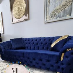 TURKISH BVLGARI 3+2 SEATER SAPPHIRE VELVET + GOLD DETAILING SALE ITEMS