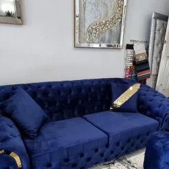 TURKISH BVLGARI 3+2 SEATER SAPPHIRE VELVET + GOLD DETAILING SALE ITEMS