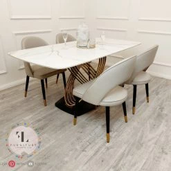 Furnish 365 ALL DINING TABLE SET Orion Gold 1.8 Polar White Sintered Stone Top + Astra Leather Dining Chair