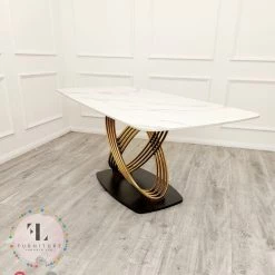 Furnish 365 ALL DINING TABLE SET Orion Gold 1.8 Polar White Sintered Stone Top + Astra Leather Dining Chair