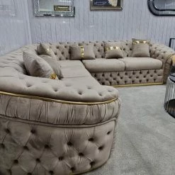 TURKISH Ambassador Corner Sofa Range In Beige & Gold Plush Velvet - 270cm X 270cm NEW ARRIVALS - STOCK