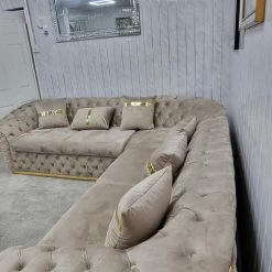TURKISH Ambassador Corner Sofa Range In Beige & Gold Plush Velvet - 270cm X 270cm NEW ARRIVALS - STOCK