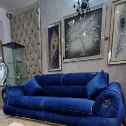 TURKISH Castillo Velvet Sofa 3+2 In Sapphire & Gold Plush Velvet SALE ITEMS