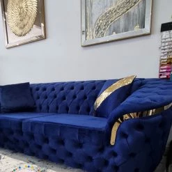TURKISH BVLGARI 3+2 SEATER SAPPHIRE VELVET + GOLD DETAILING SALE ITEMS