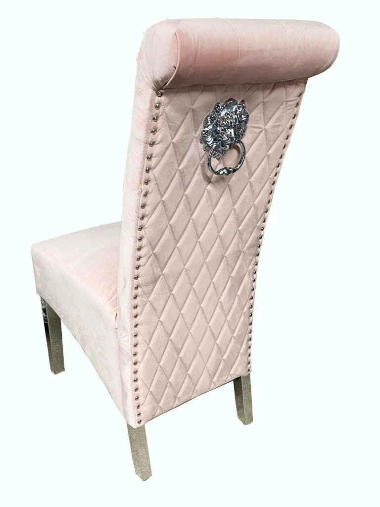 ASR INTERIOR Sofia Dining Chairs Lion Knocker Chrome Legs Baby Pink + Chrome Legs
