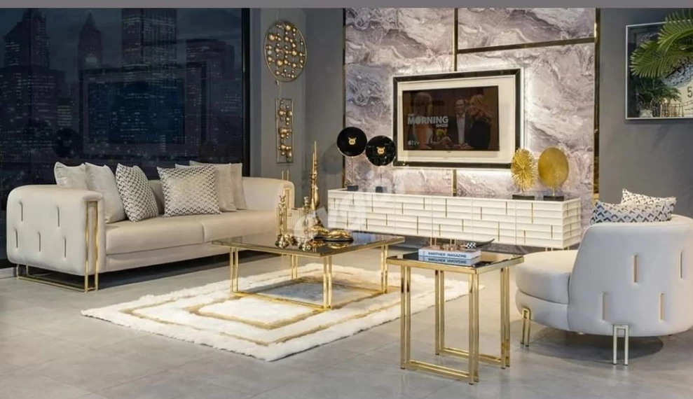 TURKISH Karze 2+2 Cream & Gold Plush Velvet